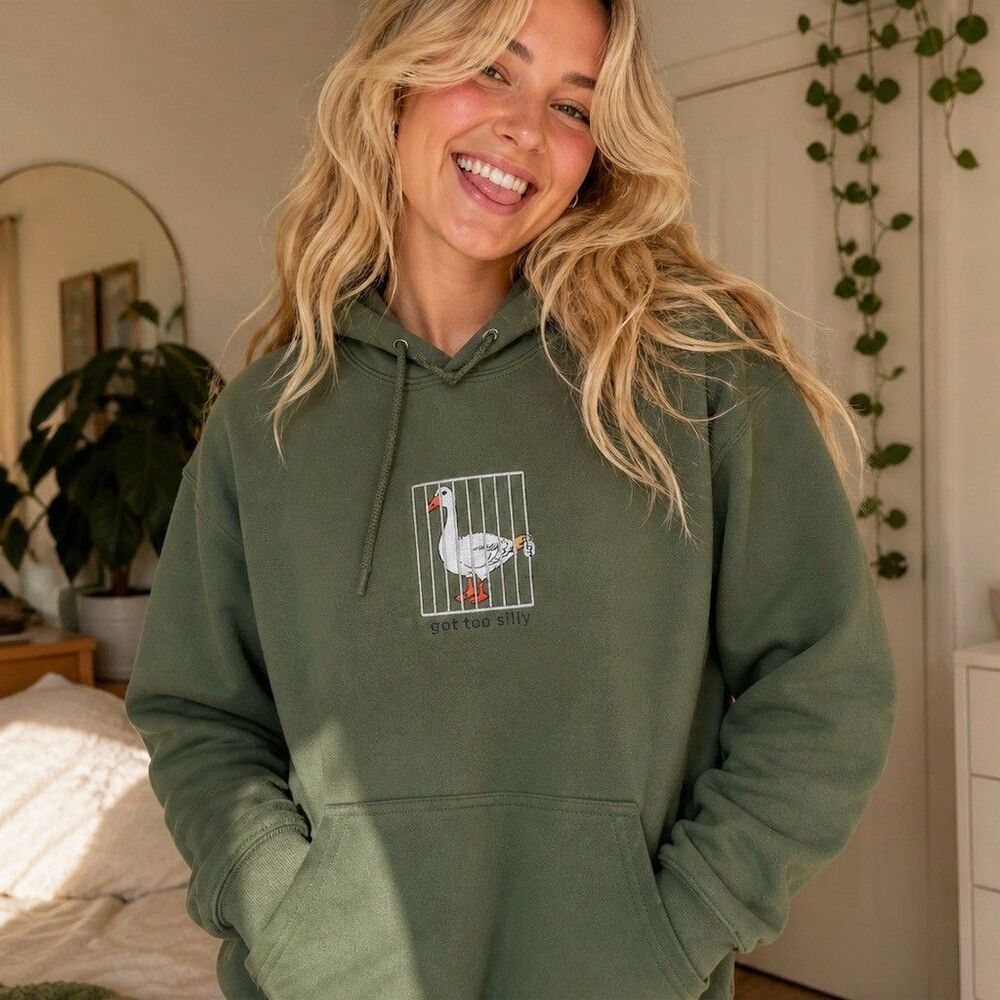 Silly Goose Got Too Silly Embroidered Hoodie Gildan Green Unisex Pullover Medium